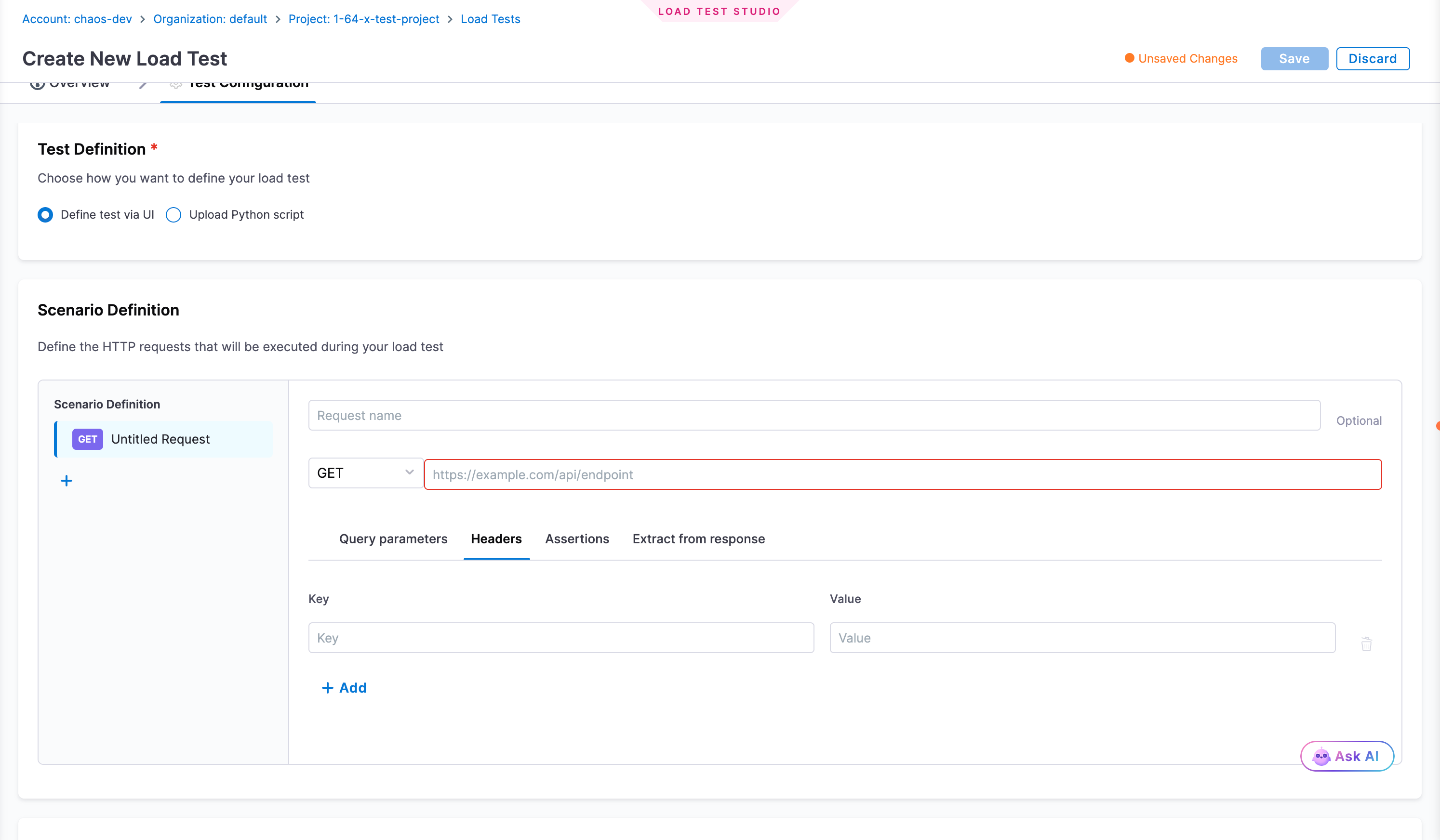 Define test via UI